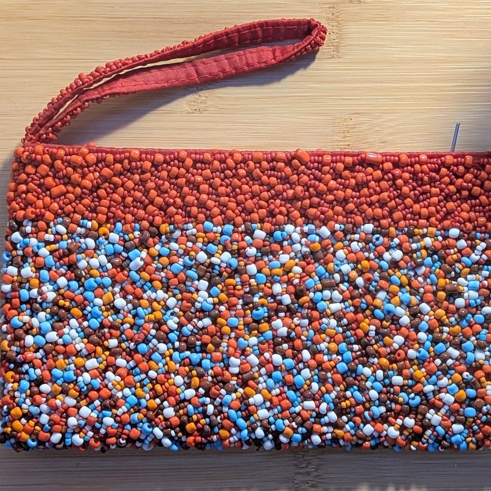 Bead-Embellished Wristlet Clutch in Coral Multicolor